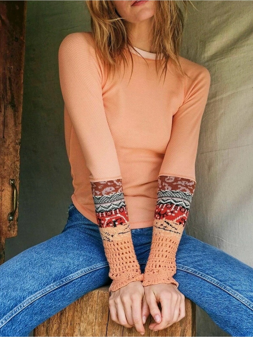 Free People “In The Mix Cuff Thermal” in Desert Orange Combo, XS